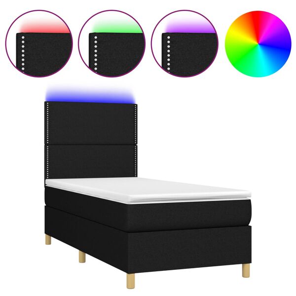 vidaXL Letto a Molle con Materasso e LED Nero 90x200 cm in Tessuto