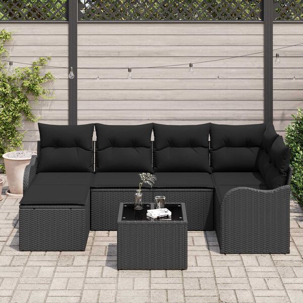 vidaXL Set Divano da Giardino con cuscino 7 pcs Nero Poly Rattan