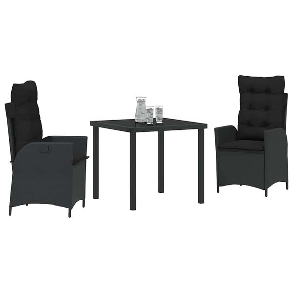 vidaXL Set da Pranzo per Giardino con cuscino 3 pcs Nero polyrattan