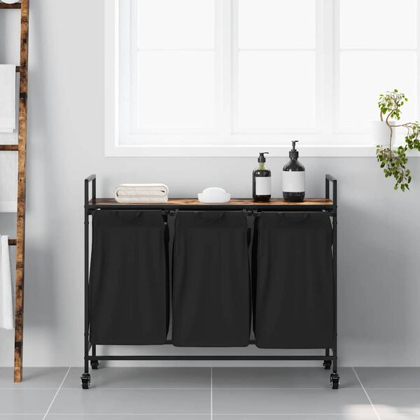 vidaXL Cesto della Biancheria 3 Scomparti con Ruote Rovere Fumo