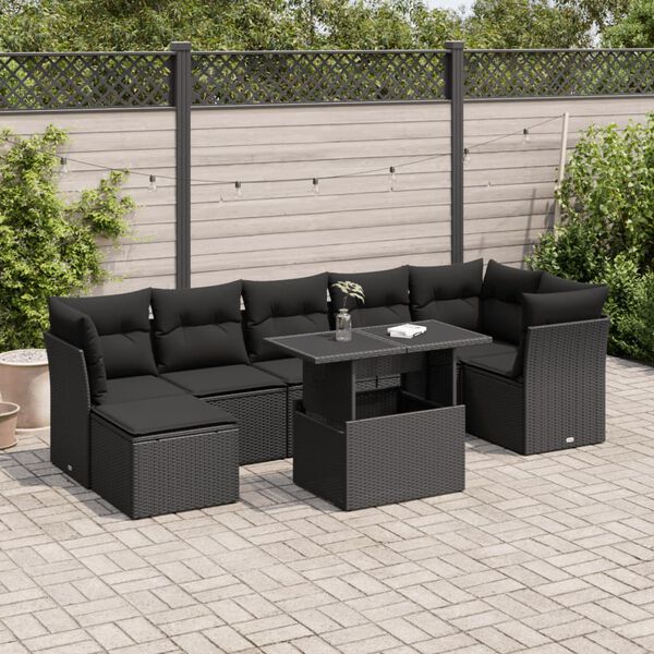 vidaXL Set Divani da Giardino con Cuscini 8 pz Nero in Polyrattan