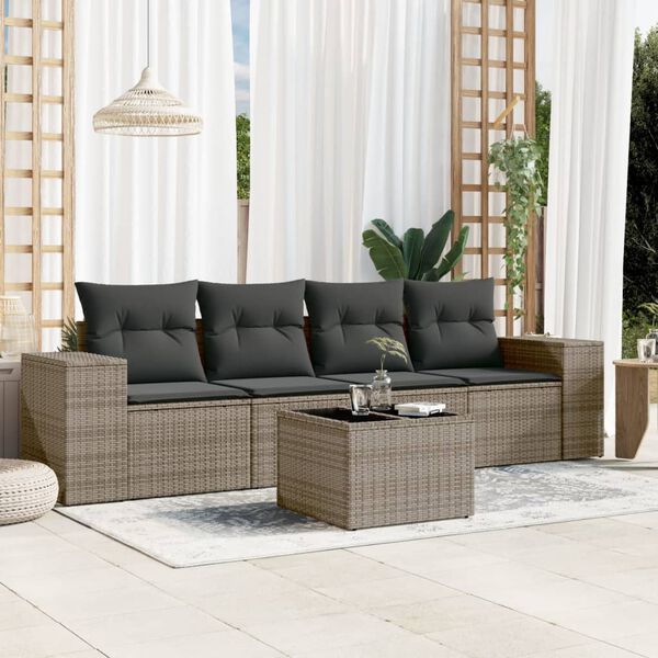 vidaXL Set Divano da Giardino 5 pz con Cuscini Grigio in Polyrattan