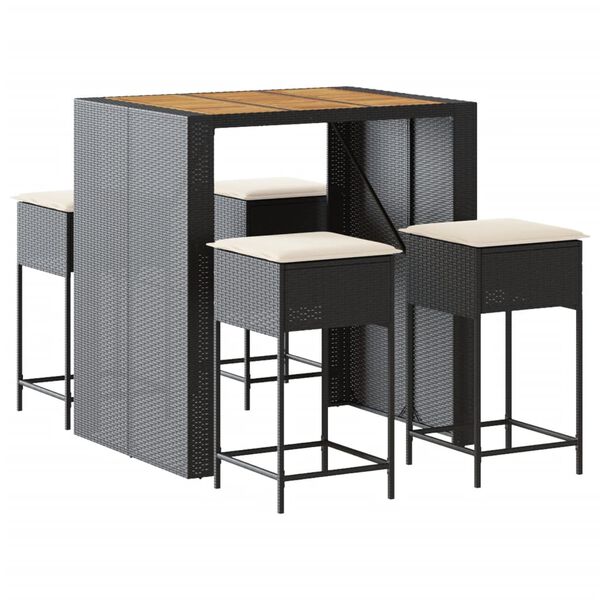 vidaXL Set Bar da Giardino 5 pz con Cuscini in Polyrattan Nero
