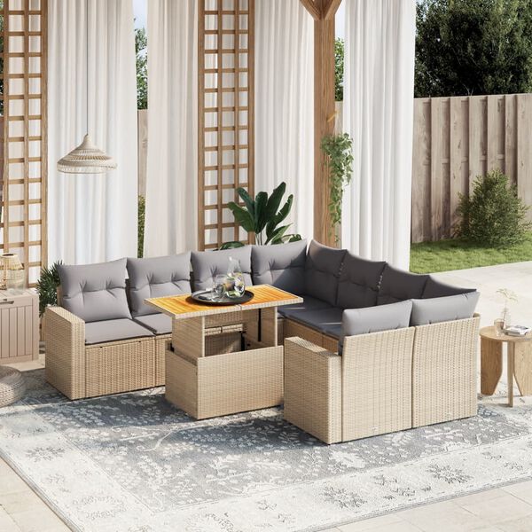 vidaXL Set Divano da Giardino 9 pz con Cuscini Beige in Polyrattan