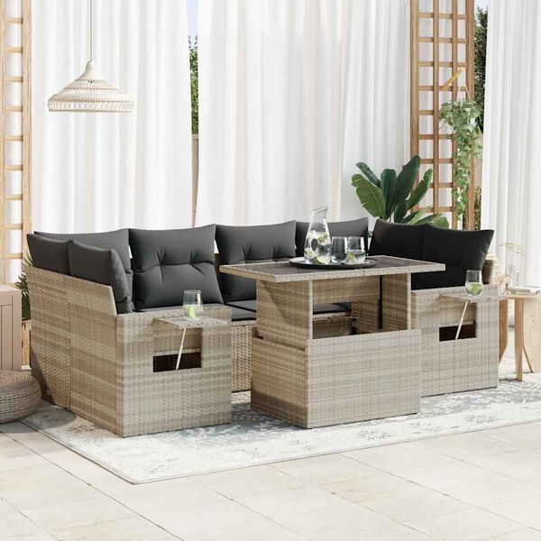 vidaXL Set Divani da Giardino 7pz con Cuscini Grigio Chiaro Polyrattan