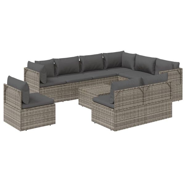 vidaXL Set Divani da Giardino 10 pz con Cuscini in Polyrattan Grigio