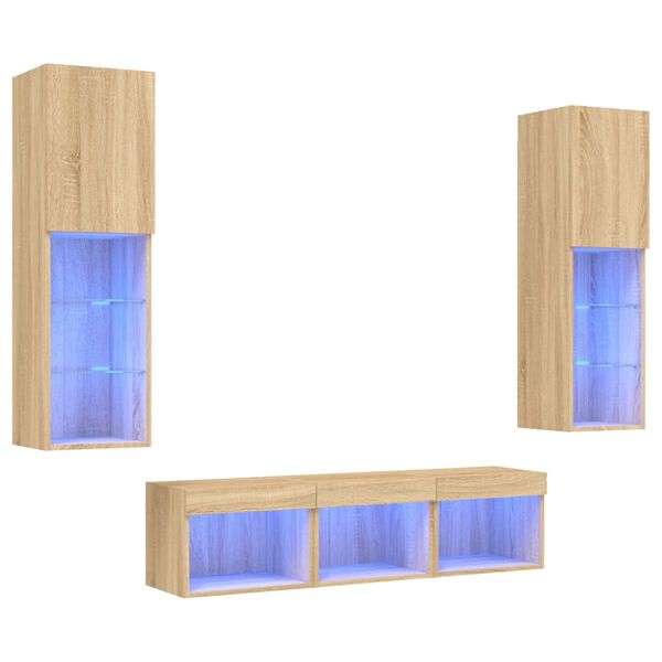vidaXL Mobili TV a Muro con LED 5pz Rovere Sonoma Legno Multistrato