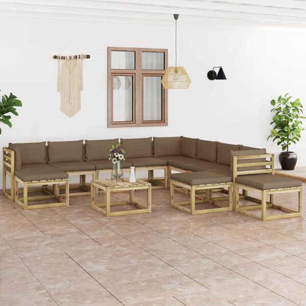 vidaXL Set Divani da Giardino 12 pz e Cuscini Legno di Pino Impregnato