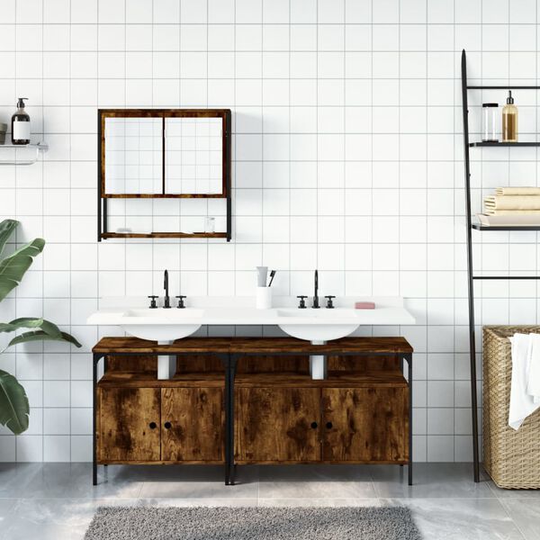vidaXL Set Mobili da Bagno 3 pz Rovere Fumo in Legno Multistrato