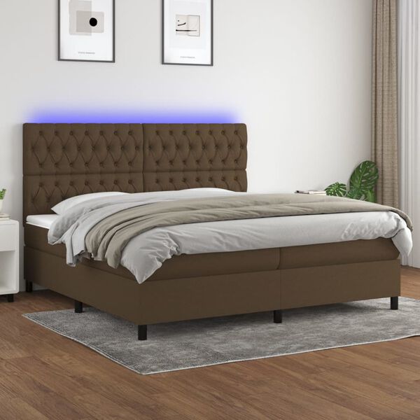vidaXL Letto a Molle Materasso e LED Marronescuro 200x200cm in Tessuto