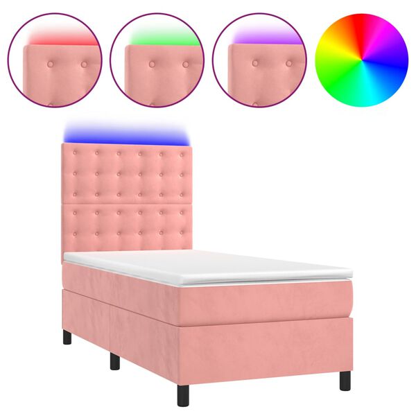 vidaXL Letto a Molle con Materasso e LED Rosa 90x200 cm in Velluto