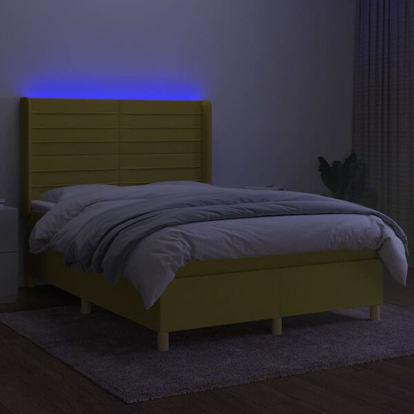 vidaXL Letto a Molle con Materasso e LED Verde 140x190 cm in Tessuto