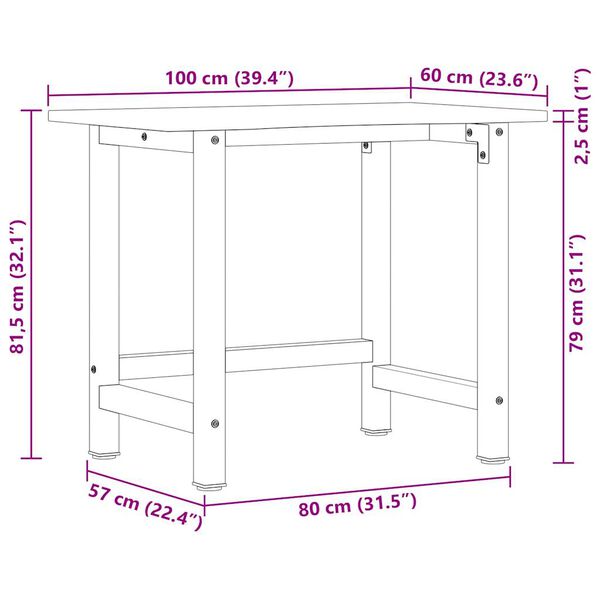 VidaXL Banco Da Lavoro In Legno Massello Di Rovere 100x60x81.5 Cm - Telaio Metallico, Piano Spesso 2.5 Cm, Per Fai-da-te E Riparazioni