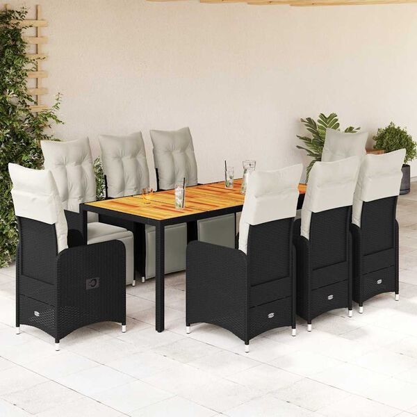 vidaXL Set Bistr&ograve; da Giardino 9 pz con Cuscini in Polyrattan Nero