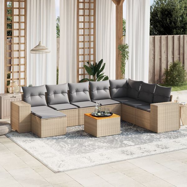 vidaXL Set Divano da Giardino 9 pz con Cuscini Beige in Polyrattan