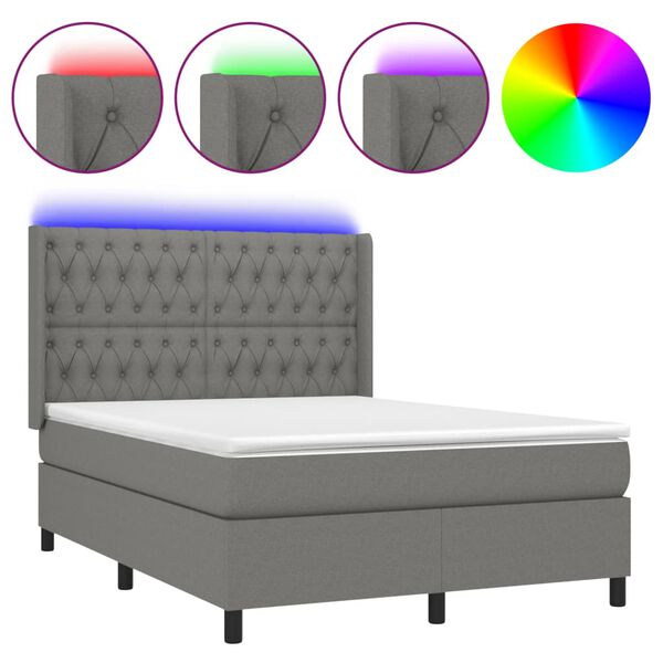 vidaXL Letto a Molle Materasso e LED Grigio Scuro 140x190cm in Tessuto