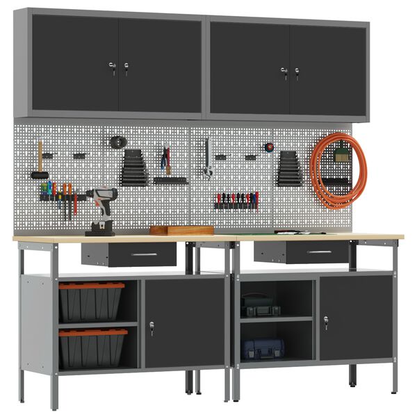 vidaXL Set banco da lavoro con cassetto con blocco 8 pcs Nero e Grigio