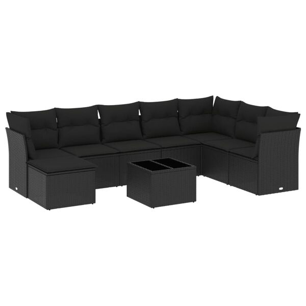 vidaXL Set Divani da Giardino 9 pz con Cuscini Nero in Polyrattan