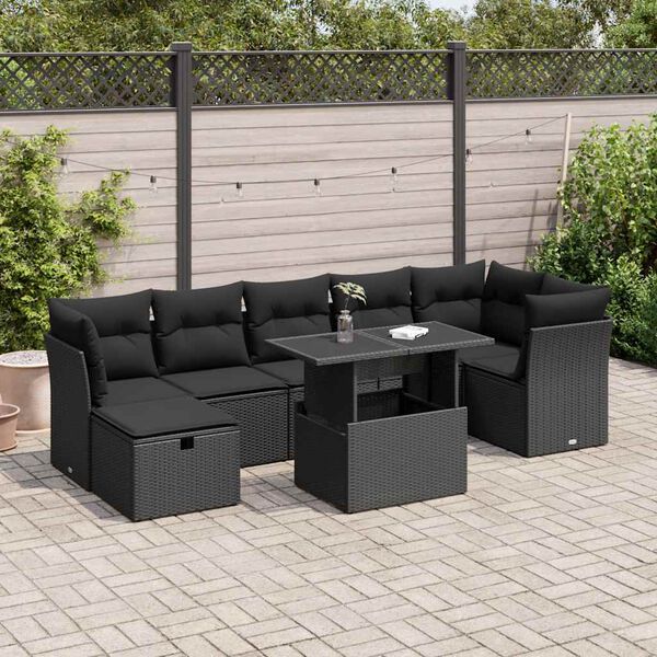 vidaXL Set Divani da Giardino con Cuscini 8 pz Nero in Polyrattan