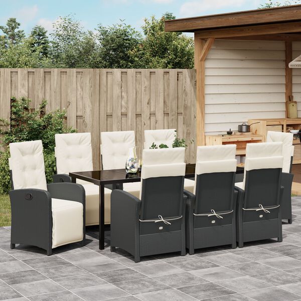 vidaXL Set da Pranzo per Giardino con cuscino 9 pcs Nero polyrattan