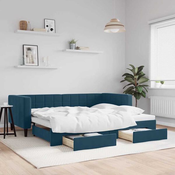 vidaXL Divano Letto Estraibile con Cassetti Blu 90x200 cm in Velluto