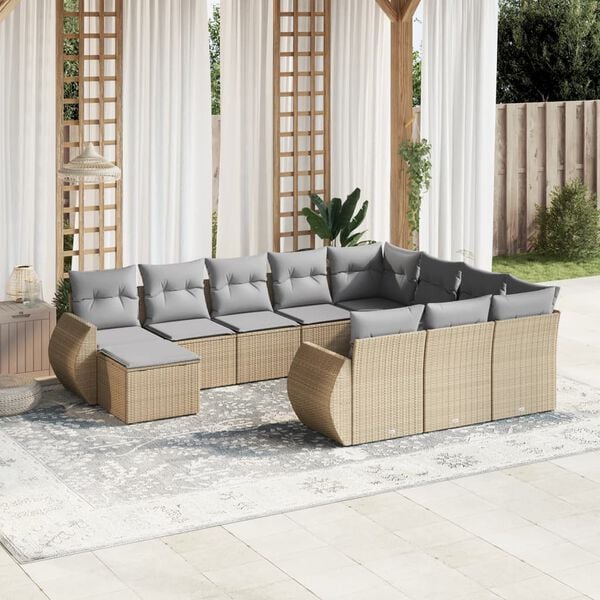 vidaXL Set Divani da Giardino 11 pz con Cuscini Beige in Polyrattan