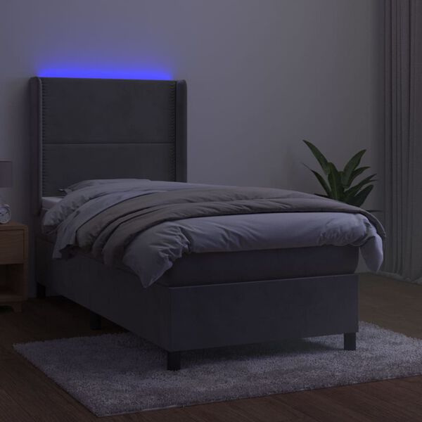 vidaXL Letto a Molle Materasso e LED Grigio Chiaro 100x200 cm Velluto