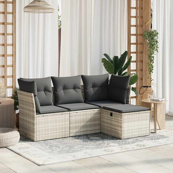 vidaXL Set Divano da Giardino 4pz con Cuscini Grigio Chiaro Polyrattan