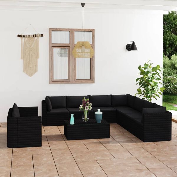 vidaXL Set Divani da Giardino 11 pz con Cuscini in Polyrattan Nero