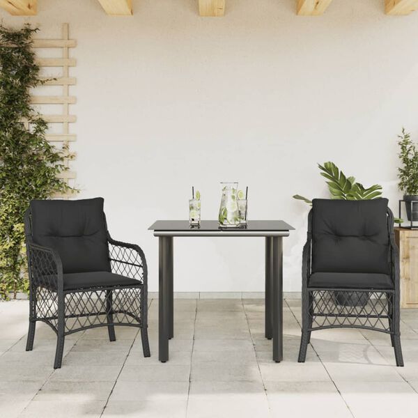 vidaXL Set da Bistr&ograve; 3 pz con Cuscini Nero in Polyrattan