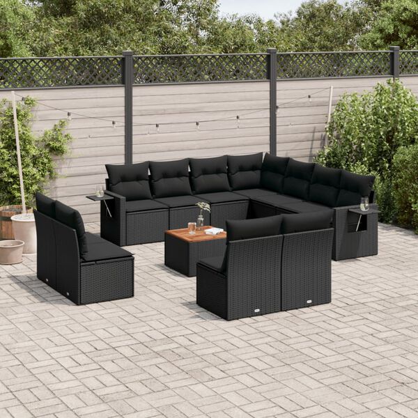 vidaXL Set Divani da Giardino 12 pz con Cuscini Nero in Polyrattan