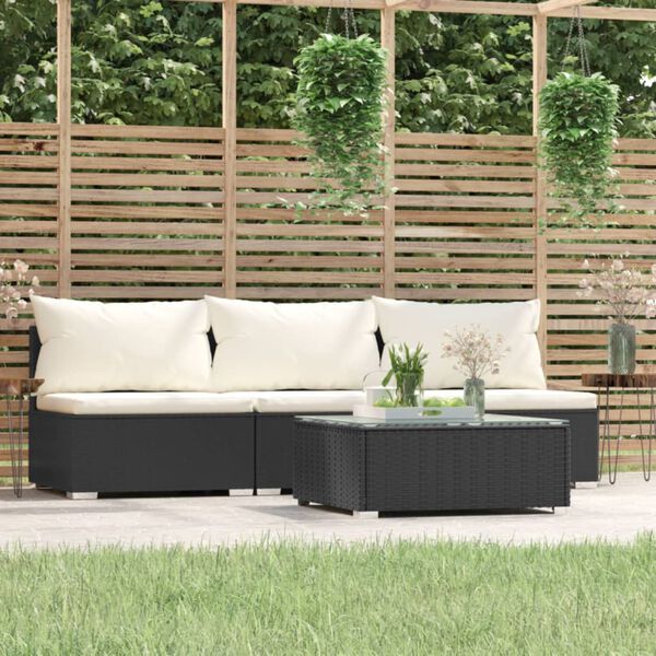 vidaXL Set Divani da Giardino 4 pz con Cuscini in Polyrattan Nero