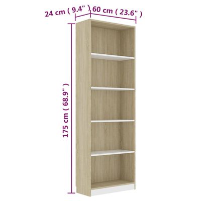vidaXL Libreria 5 Ripiani Bianco Rovere Sonoma 60x24x175cm Multistrato