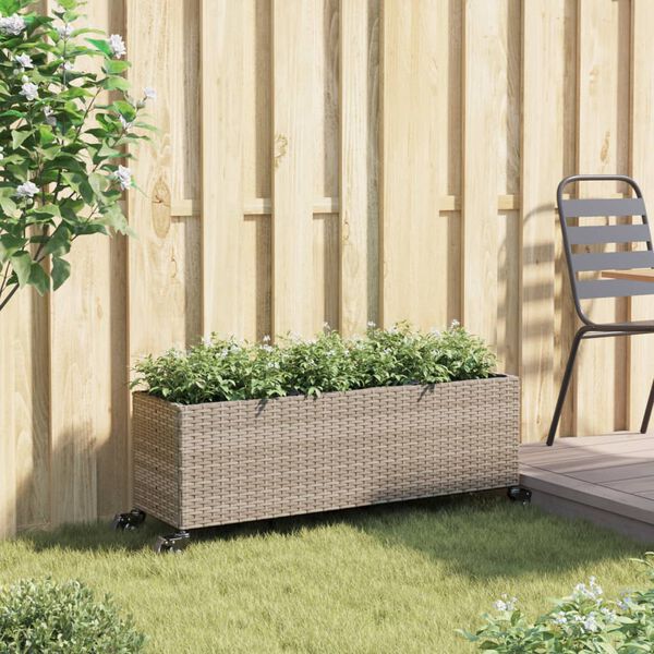 vidaXL Fioriera con Ruote e 3 Vasi Grigia 107x32x38 cm in Polyrattan