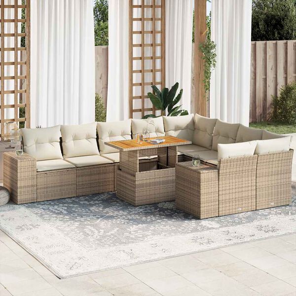 vidaXL Divano da Giardino 10 pz con Cuscini Beige in Polyrattan Acacia