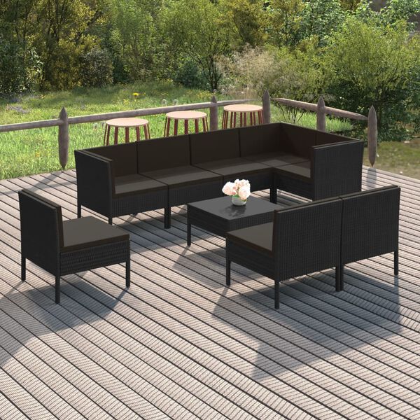 vidaXL Set Divani da Giardino 9 pz con Cuscini in Polyrattan Nero