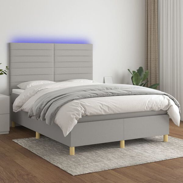 vidaXL Letto a Molle Materasso e LED Grigio Chiaro 140x200 cm Tessuto