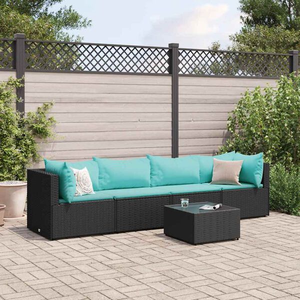 vidaXL Set Divani da Giardino 5 pz con Cuscini Nero in Polyrattan