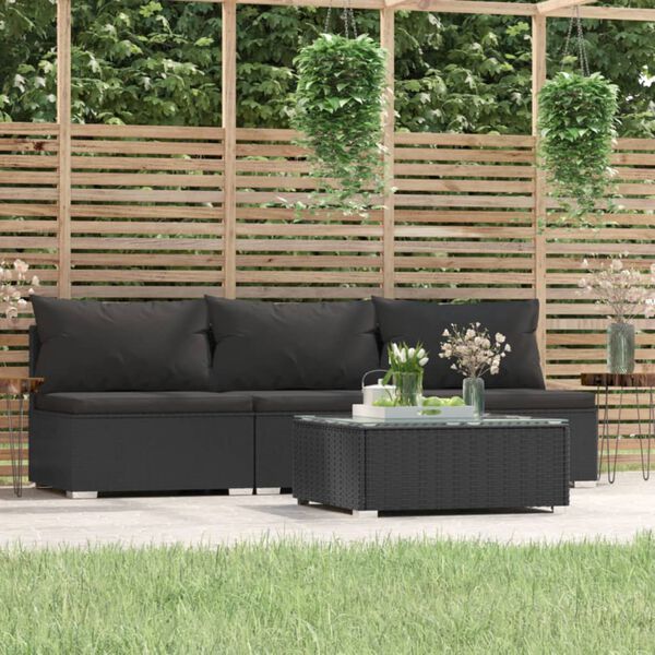 vidaXL Set Divani da Giardino 4 pz con Cuscini in Polyrattan Nero