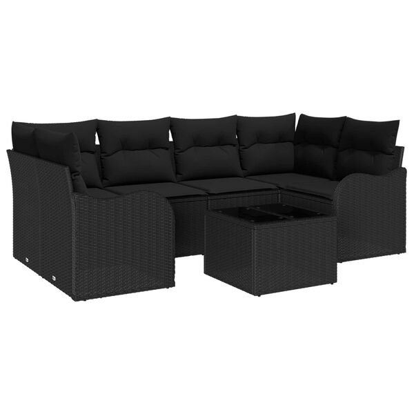 vidaXL Set Divano da Giardino 7 pcs Nero Polyrattan, Acciaio e Vetro