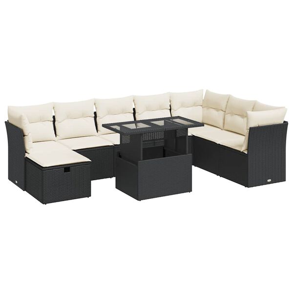 vidaXL Set Divani da Giardino 9 pz con Cuscini Nero in Polyrattan