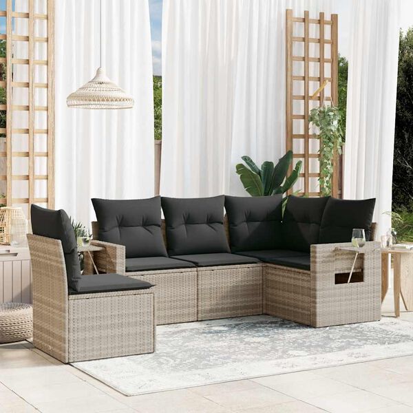 vidaXL Set Divano da Giardino 5pz con Cuscini Grigio Chiaro Polyrattan