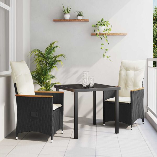 vidaXL Set da Pranzo per Giardino con cuscino 3 pcs Nero polyrattan