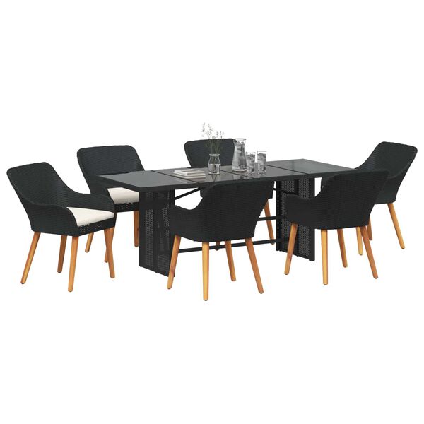 vidaXL Set da Pranzo per Giardino con cuscino 7 pcs Nero polyrattan