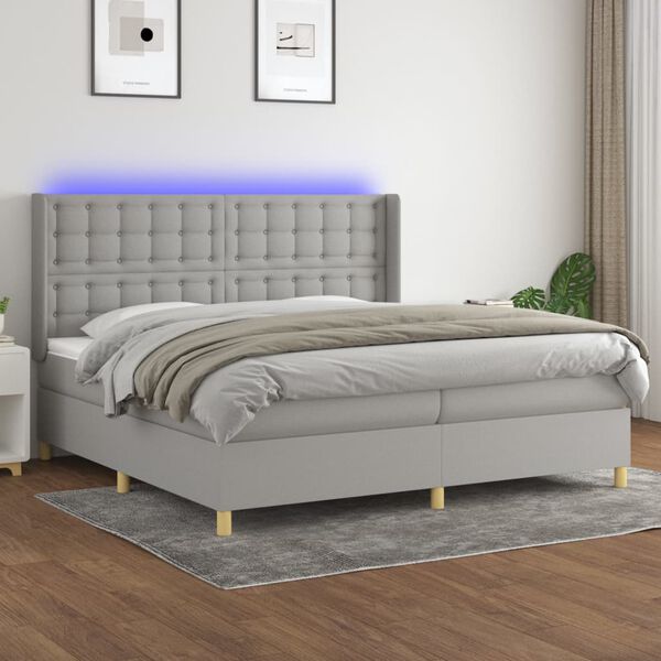 vidaXL Letto a Molle Materasso e LED Grigio Chiaro 200x200 cm Tessuto
