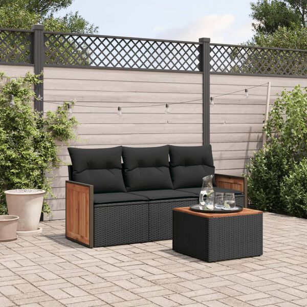 vidaXL Set Divani da Giardino 4 pz con Cuscini Nero in Polyrattan