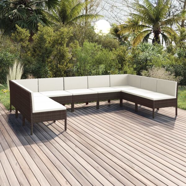vidaXL Set Divani da Giardino 9 pz con Cuscini in Polyrattan Marrone