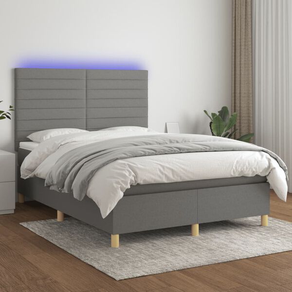 vidaXL Letto a Molle Materasso e LED Grigio Scuro 140x190cm in Tessuto