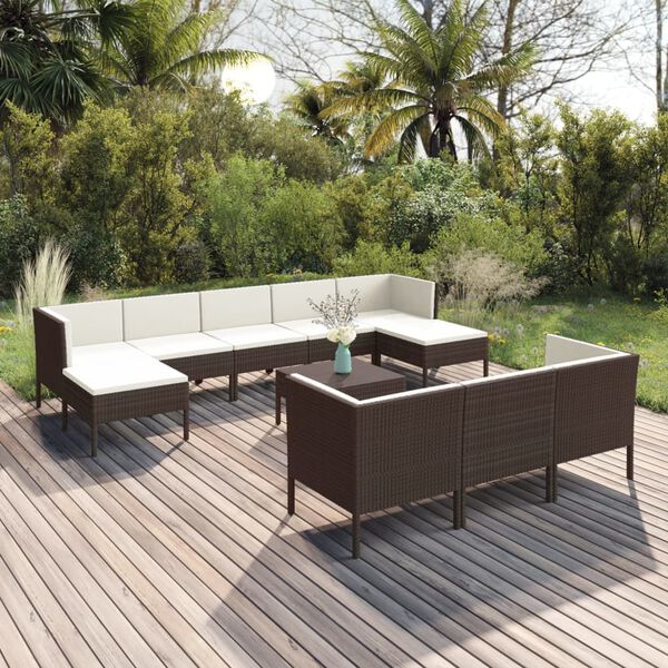 vidaXL Set Divani da Giardino 11 pz con Cuscini in Polyrattan Marrone