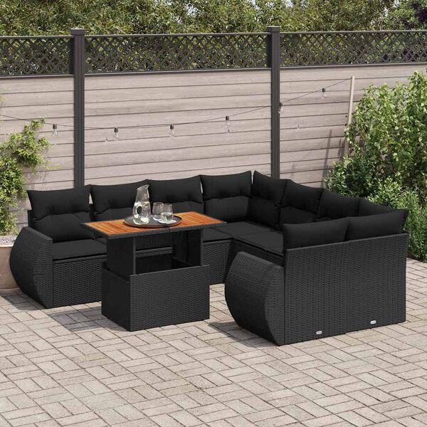 vidaXL Set Divani da Giardino 9 pz con Cuscini Nero in Polyrattan